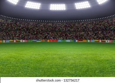 Green Soccer Stadium, Illuminated Field, Arena In Night