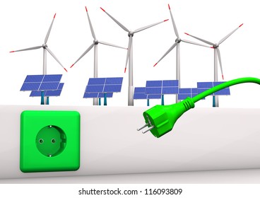 Green socket with green plug, solar panels and wind towers. White background.
