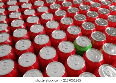 A Green Soda Can Among Other Red Cans. 3d Illustration.