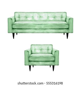 Green Sofa And Armchair - Watercolor Illustration.