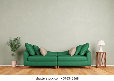 Green sofa in living room standing in front of a wall (3D Rendering) - Shutterstock ID 376346569