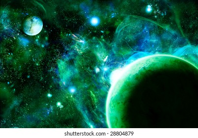 Green the space with two planets and rising