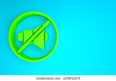 Green Speaker Mute Icon Isolated On Blue Background. No Sound Icon. Volume Off Symbol. Minimalism Concept. 3d Illustration 3D Render