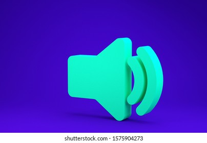 Green Speaker volume icon - audio voice sound symbol, media music icon isolated on blue background. Minimalism concept. 3d illustration 3D render