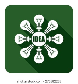 Green Square Idea With Light Bulb Flat Long Shadow Style Icon, Label, Sticker, Sign or Banner Isolated on White Background