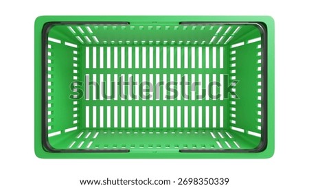 Green store empty basket. Plastic shopping basket on isolated background. Supermarket green shopping cart. Top view. 3d rendering.