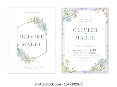 Green Succulent Flowers Watercolor Wedding Invitation Card With Text Layout