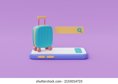 Green Suitcase With Search Bar On Smartphone,Tourism And Travel Plan To Trip Concept,holiday Vacation,Time To Travel,3d Rendering
