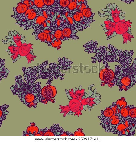 Green summer botanical seamless pattern. Red ripe pomegranate fruits in foliage. Fruity eco seasonal texture. Nature retro wallpaper.