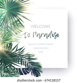 Green summer tropical background with exotic palm leaves and plants. floral background.