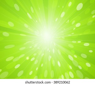 Green sunny rays background. Spring sunbeam 