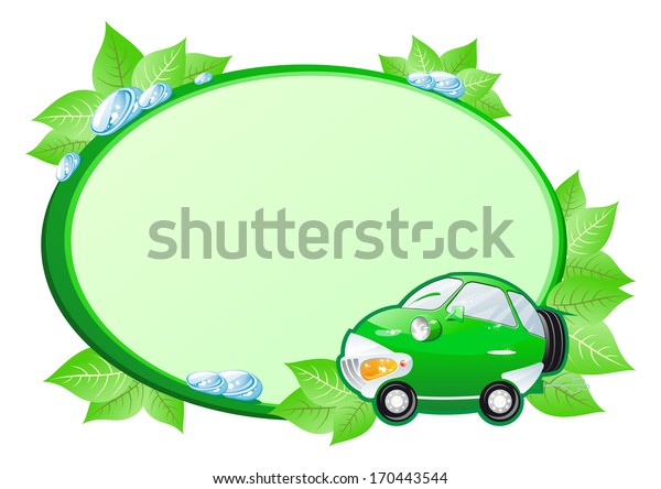 Green tag\
with cartoon car and leaves in eco style.\
