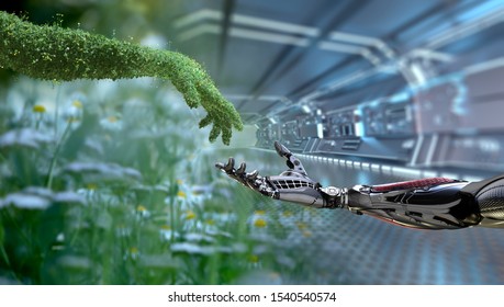 Green technology conceptual design, human arm covered with grass and lush and robotic hand, 3d render