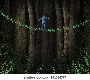 Green Technology Investing business concept as environmentally friendly companies supporting clean solutions for profit as a businessman walking through a dense forest on a vine tightrope.