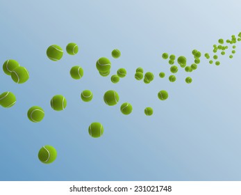 Green Tennis Balls Flying On Blue Sky.