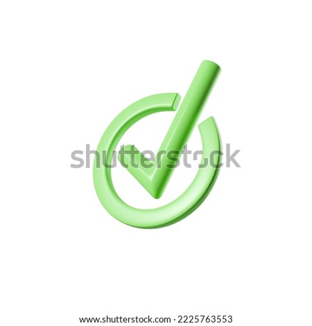 Green tick, check mark in circle on white background. Concept of agreement. 3D rendering