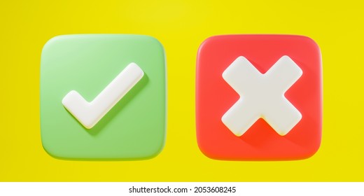 Green Tick Check Mark And Cross Mark Symbols Icon Element In Square, Simple Ok Yes No Graphic Design On Yellow Background, Right Checkmark Symbol Accepted And Rejected, 3D Rendering Illustration