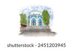 Green Tomb illustration. Watercolor sketch of Green shrine behind trees and with blue cloudy sky. hand drawn Green Tomb illustration. sketch drawing