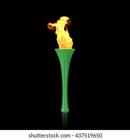 Green Torch On Black Background. Sport Flame. Torch Fire. Torch Flame. Olympic Torch. Paralympic Torch. 3D Render.