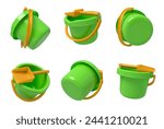 Green toy buckets and spades in different views. 3D Illustration