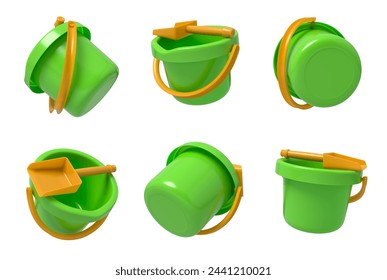 Green toy buckets and spades in different views. 3D Illustration स्टॉक चित्रण