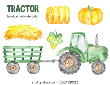 Green Tractor, Trailer, Haystack, Hay, Pumpkin Watercolor Clipart