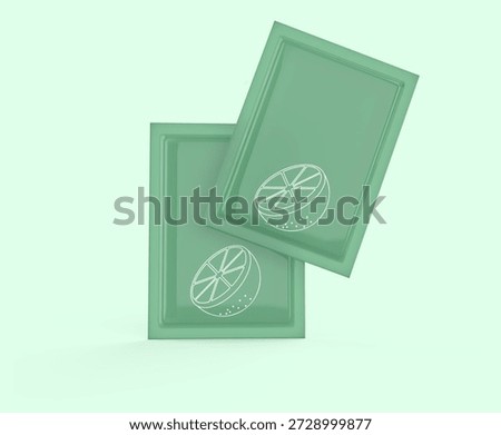 Green translucent sachet packaging mockup with citrus icon (lemon or orange) on light background