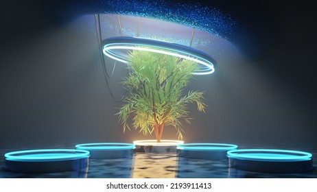 A Green Tree In An Epic Sci-fi Space Environment With Cinematic Scene. 3D Illustration