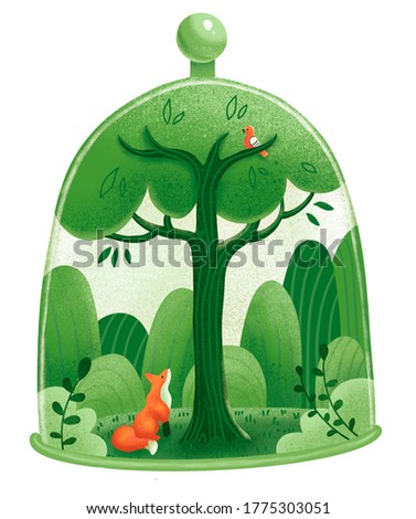 Green tree forest with fox under a transparent glass dome. Save the forest and nature concept. Bad influence on the environment. textured cartoon illustration