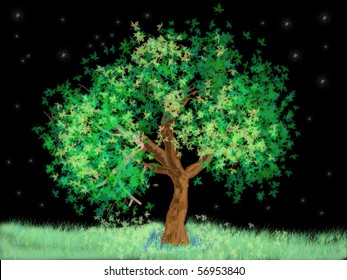 Green tree in the night