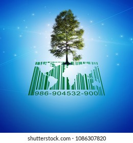 Green tree on a barcode and world map. 3D rendering