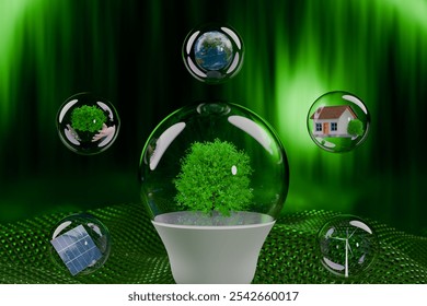 A green tree in a pot surrounded by bubbles showcasing eco friendly themes and sustainable living. 3d rendering