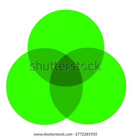 Green triple transparent intersection areas. Light, dark, set colors, venn schematic representation elements, circles. Illustration vector