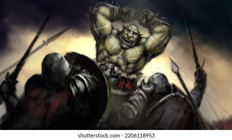 The green troll attacks the Vikings, runes are applied to his muscles, his body is pumped up, spiked bracers are on his hands. Digital drawing style, 2D illustration
