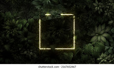 Green Tropical Leaves Background With Square Neon Light In The Center.  Natural Leaves Background. 3d Render.