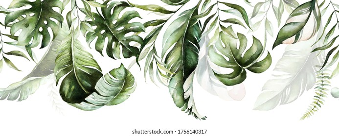 Green tropical leaves on white background. Watercolor hand painted seamless border. Floral tropic illustration. Jungle foliage pattern.
