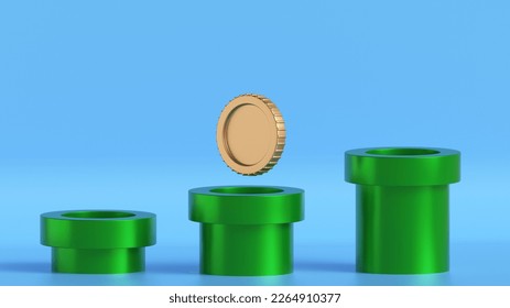 Green tube composition on blue background with the coin. 3d render vintage videogame background 3d illustration. Arcade game style background. Podium for product showcase