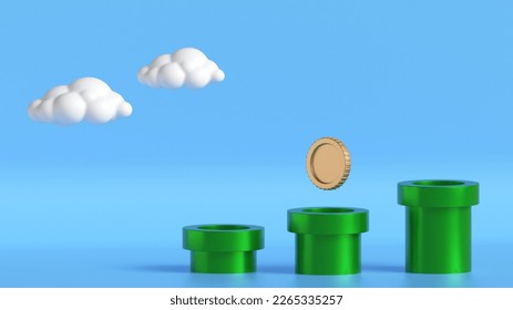 Green tube composition on blue background with the coin. 3d render vintage video game background 3d illustration. Arcade game style background. Podium for product showcase