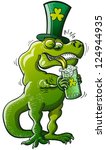 Green Tyrannosaurus Rex having trouble trying to drink some beer because of his very short arms