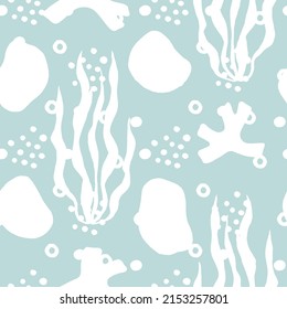 Green Underwater Background. Seaweeds, Corals And Sea Pebbles Seamless Pattern Watercolour. Coral Watercolor. Sea Rocks. Hand Drawn Painting. 