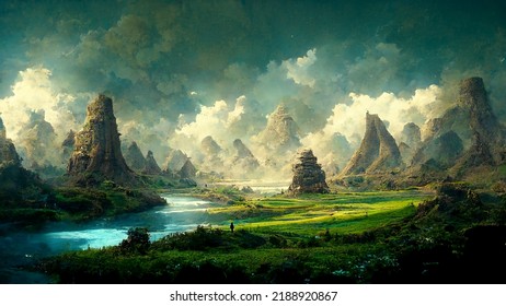 Green valley serene landscape paintings - Powered by Shutterstock