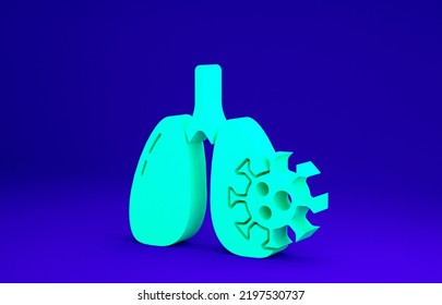 Green Virus Cells In Lung Icon Isolated On Blue Background. Infected Lungs. Coronavirus, COVID-19. 2019-nCoV. Minimalism Concept. 3d Illustration 3D Render.