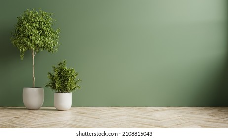 Green Wall Empty Room With Plants On A Wooden Floor.3D Rendering