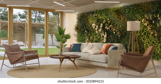 Green Wall In Lving Room Interior. Vertical Garden Interior, 3d Render 