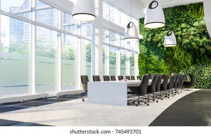 Green Wall in Office. Meeting hall in business center. Meeting interior. Vertical Garden
