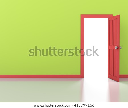 green wall with opened red door 3d rendering
