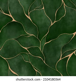 Green Watercolor Background With Golden Line And Liquid Marble Texture. Seamless Pattern Abstract Leaf. Modern Background. Elegant Luxury Wallpaper Hand Painted