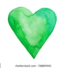 Green watercolor heart. Abstract texture, graphic art element. Love sign, romance, peace, earth. Color of balance, growth, nature. Hand painted water color illustration, isolated, white background.