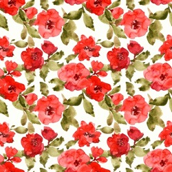 Green Watercolor Pattern With Red Flowers In A Beautiful Style On A White Background. Watercolor Seamless Pattern. Creative Wallpaper.