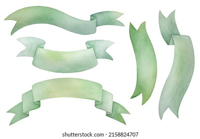 Green Watercolor Ribbon Banner Set With Copy Space. Cutout Element For St. Patricks Day Design Or Invitations For Your Holiday